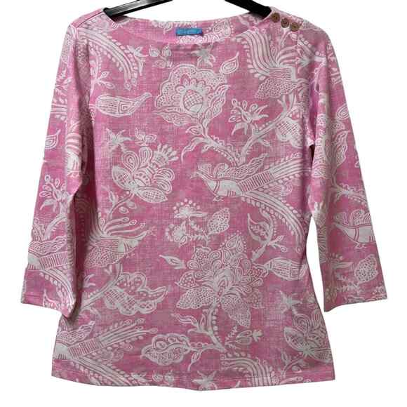 J. McLaughlin Pink & White Peacock Floral Print Signature Tee Small - Picture 1 of 5
